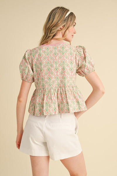 Floral Tie Front Puff Sleeve Top