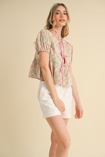 Floral Tie Front Puff Sleeve Top