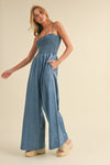 Denim Smocked Top Sleeveless Jumpsuit