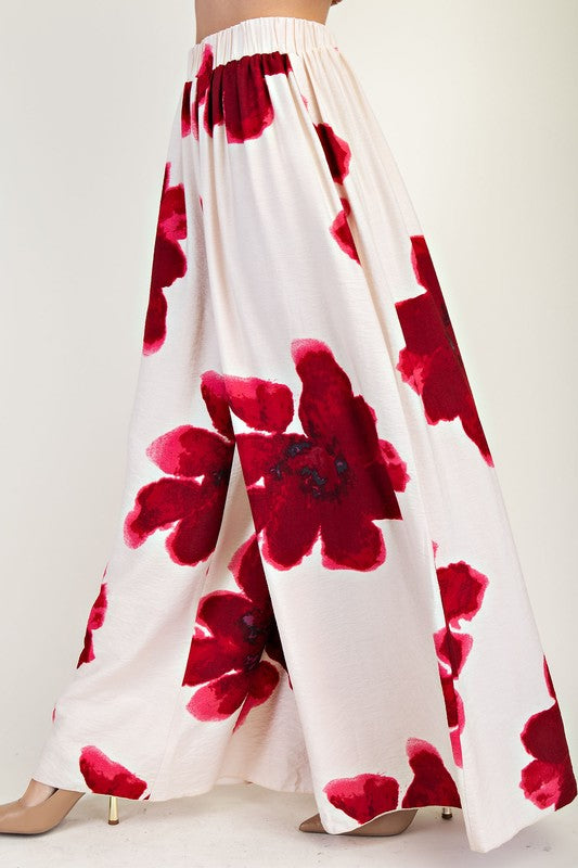 White and Red Abstract Print Pants