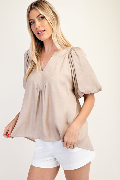 Taupe V-neck Balloon Sleeve Blouse