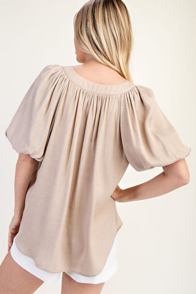 Taupe V-neck Balloon Sleeve Blouse