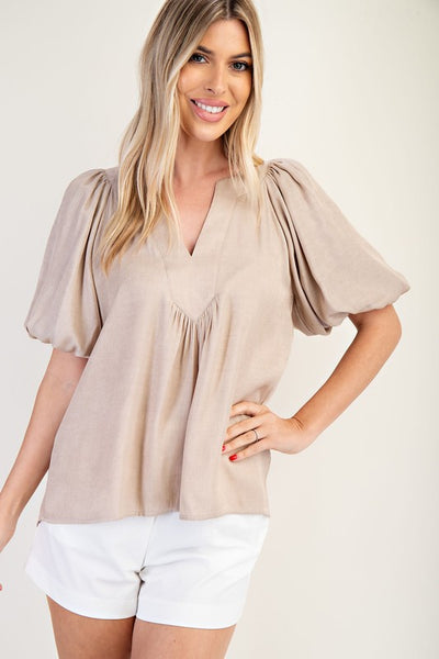 Taupe V-neck Balloon Sleeve Blouse