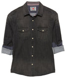 Washed Black Colored Stretch Denim Pearl Snap Shirt