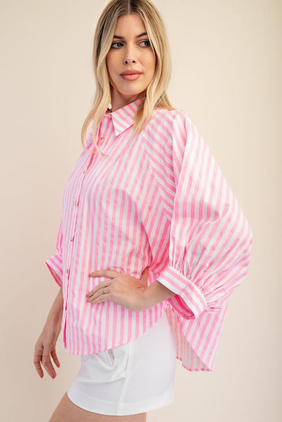 Neon Pink Stripe Button Up Shirt
