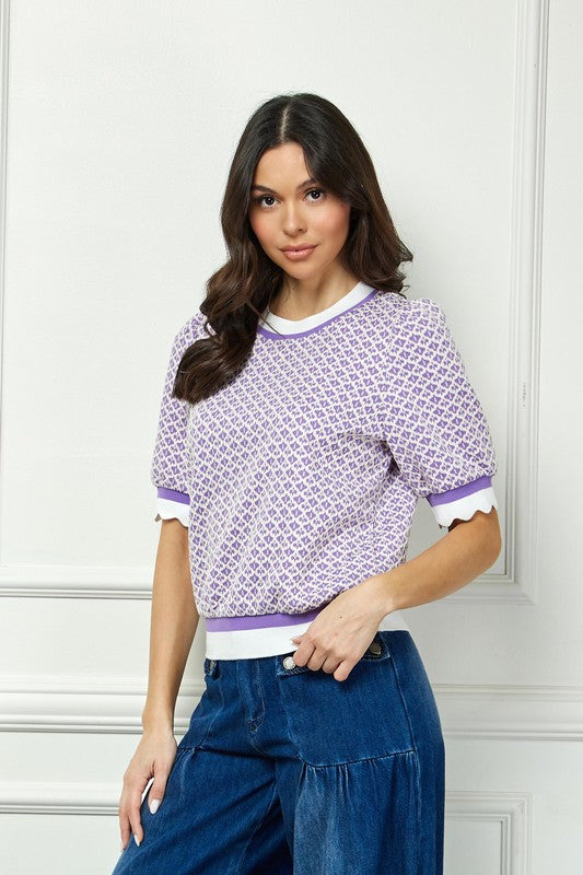 Purple Scalloped SLeeve Contrast Top