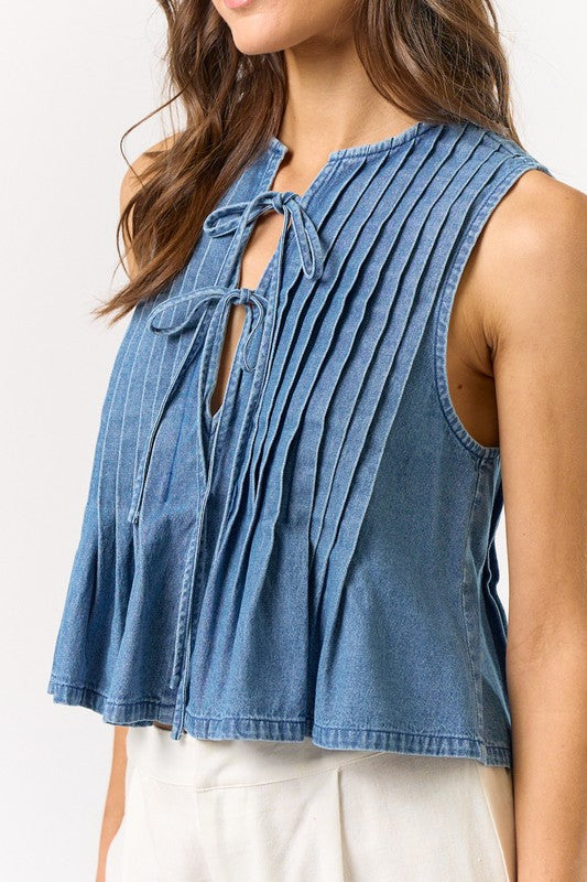 Denim Front Tie Sleeveless Top