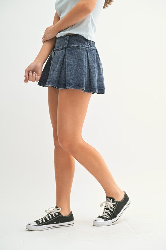 Denim Washed Pleated Mini Skort