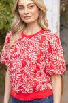 Red Leaf Embroidered Eyelet Bubble Blouse