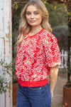 Red Leaf Embroidered Eyelet Bubble Blouse