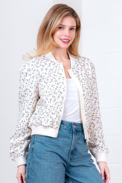 White Floral Printed Bomber Jacket