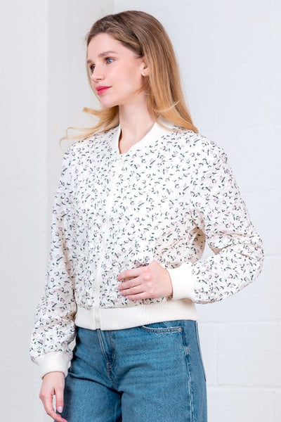 White Floral Printed Bomber Jacket