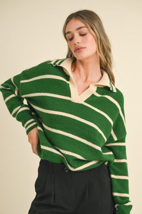 Green Striped Collared Sweater