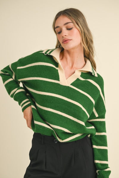 Green Striped Collared Sweater