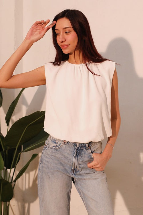 White Sleeveless Ruched Bubble Top