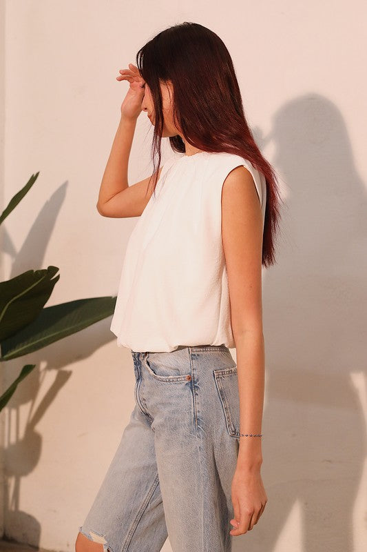 White Sleeveless Ruched Bubble Top