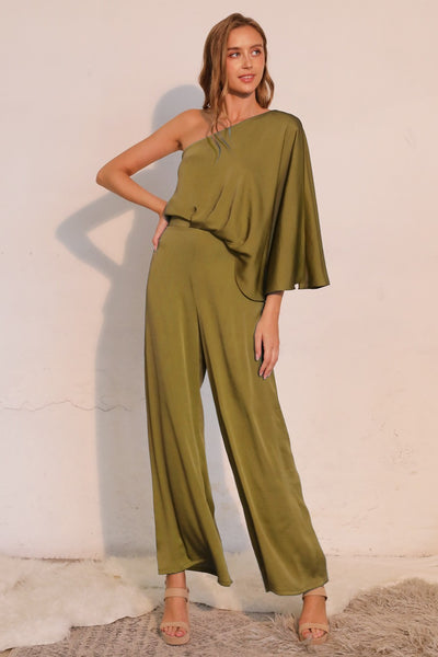 Avocado Washed Silk One Sleeve Jumpsuit