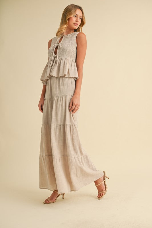 Beige Front Tie Ruffle Pant Set