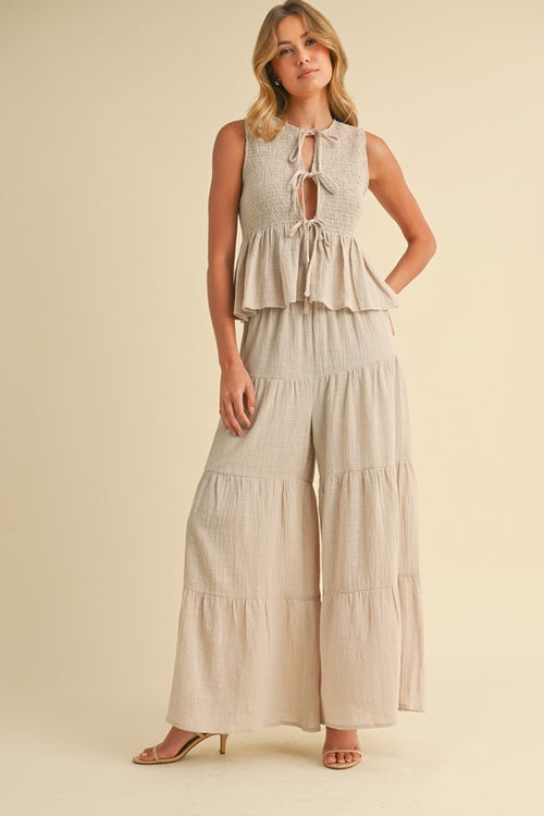 Beige Front Tie Ruffle Pant Set