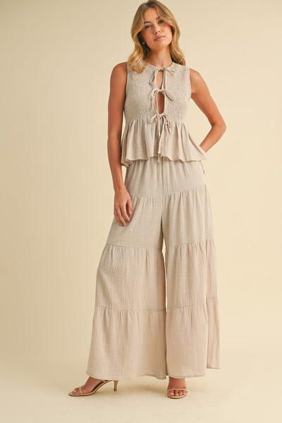 Beige Front Tie Ruffle Pant Set