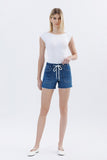 High Rise Drawstring Denim Shorts WIth Pocket Detail
