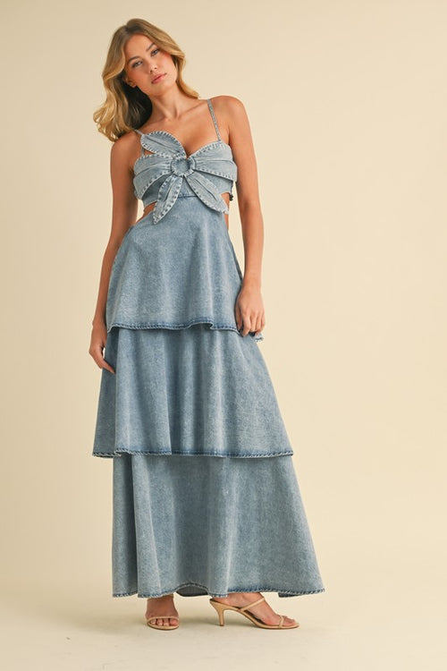 Denim Flower Detail Tiered Maxi Dress