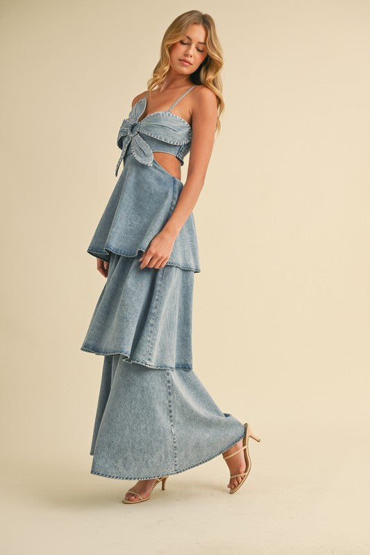 Denim Flower Detail Tiered Maxi Dress