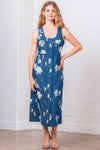 Denim Floral Sleeveless Midi Dress With Belt