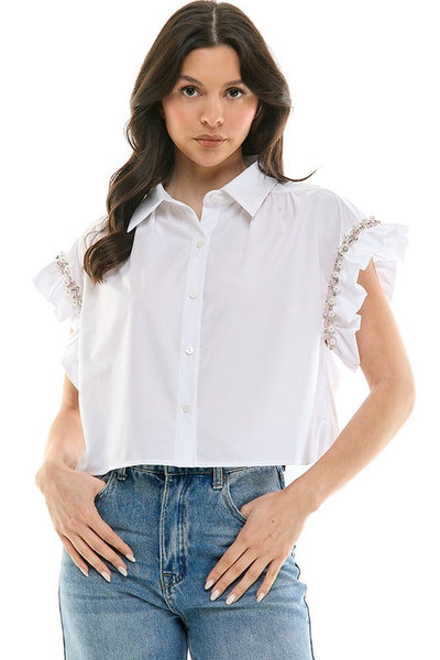 White Rhinestone Ruffle Sleeve Blouse