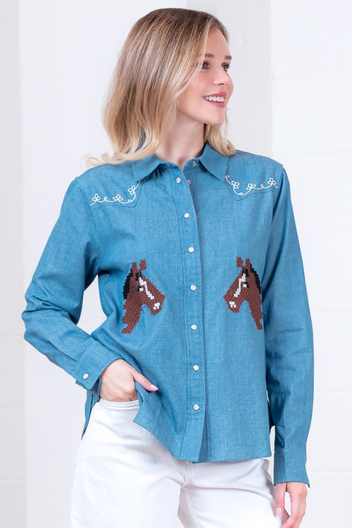 Denim Horse Embroidered Button Up