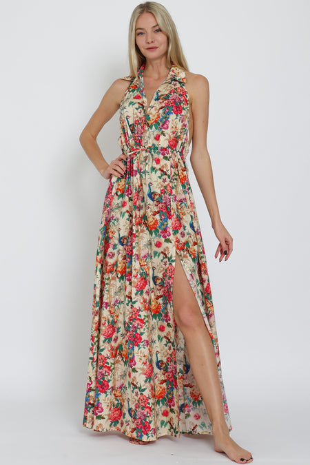 Golden Long Sleeve Fall Floral Printed Belted Maxi Dress