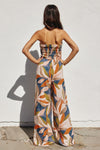 Multi Colored Leaf Print Smocked Strapless Jumpsuit