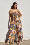 Multi Colored Leaf Print Smocked Strapless Jumpsuit