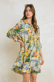 Green And Blue Collared Mini Shirt Dress