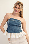 Denim Ruffle Lace Strapless Top