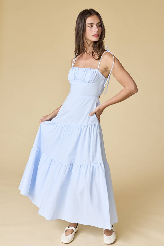 Blue Smocked Back Tiered Midi Dress