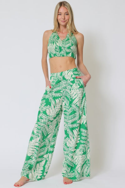 Green Printed Smocked Halter Pants Set