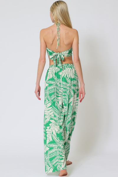 Green Printed Smocked Halter Pants Set