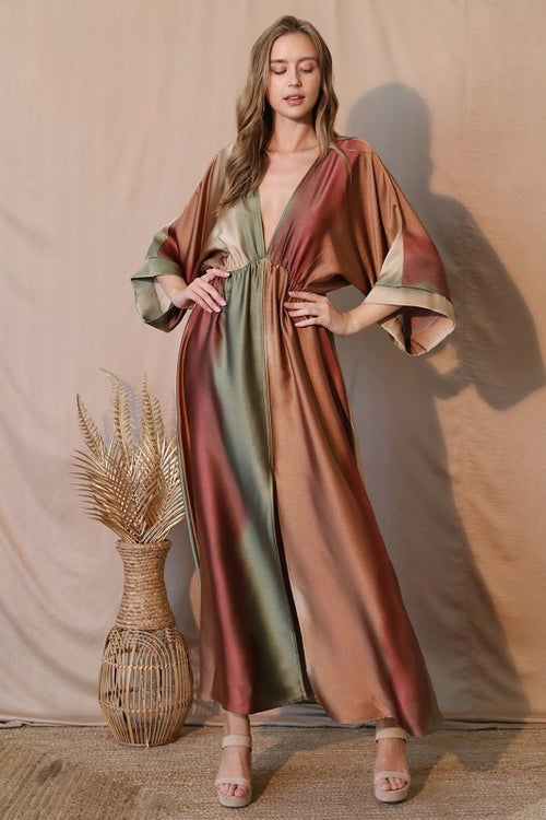 Ombre Satin Kimono Maxi Dress