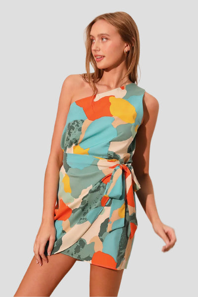 Multi Koi Flower One Shoulder Wrap Mini Dress