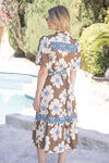 Brown Floral Mixed Stripe Midi Dress