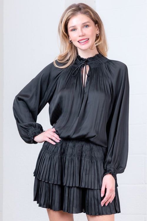 Black Long Sleeve Smocked Ruffle Dress
