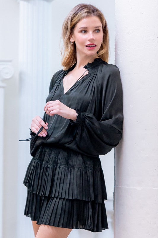 Black Long Sleeve Smocked Ruffle Dress