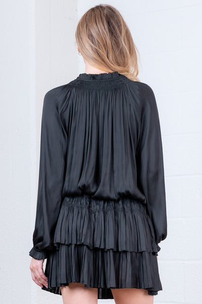 Black Long Sleeve Smocked Ruffle Dress