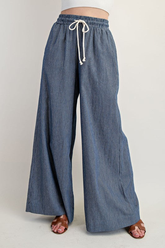 Denim Washed Pinstripe Wide Leg Pant