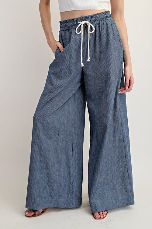 Denim Washed Pinstripe Wide Leg Pant