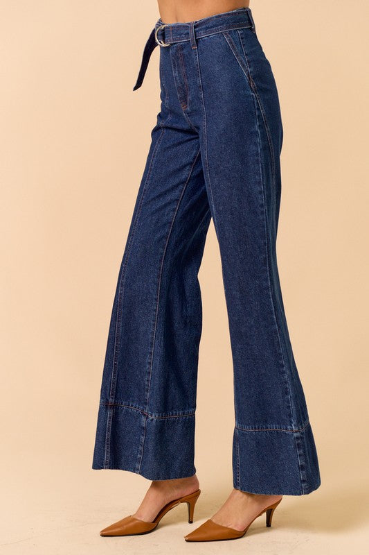 Dark Denim Wide Bootcut Belted Jeans