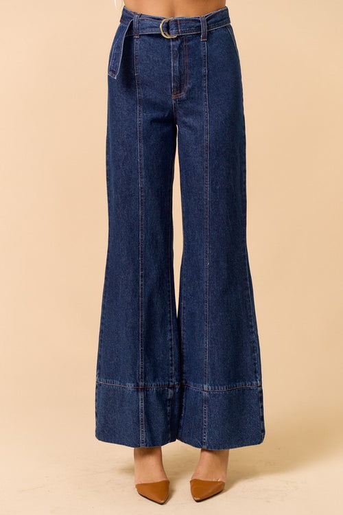 Dark Denim Wide Bootcut Belted Jeans
