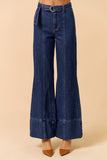Dark Denim Wide Bootcut Belted Jeans