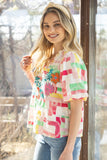 Floral Embroidered Colorful Ruffled V Neck Blouse